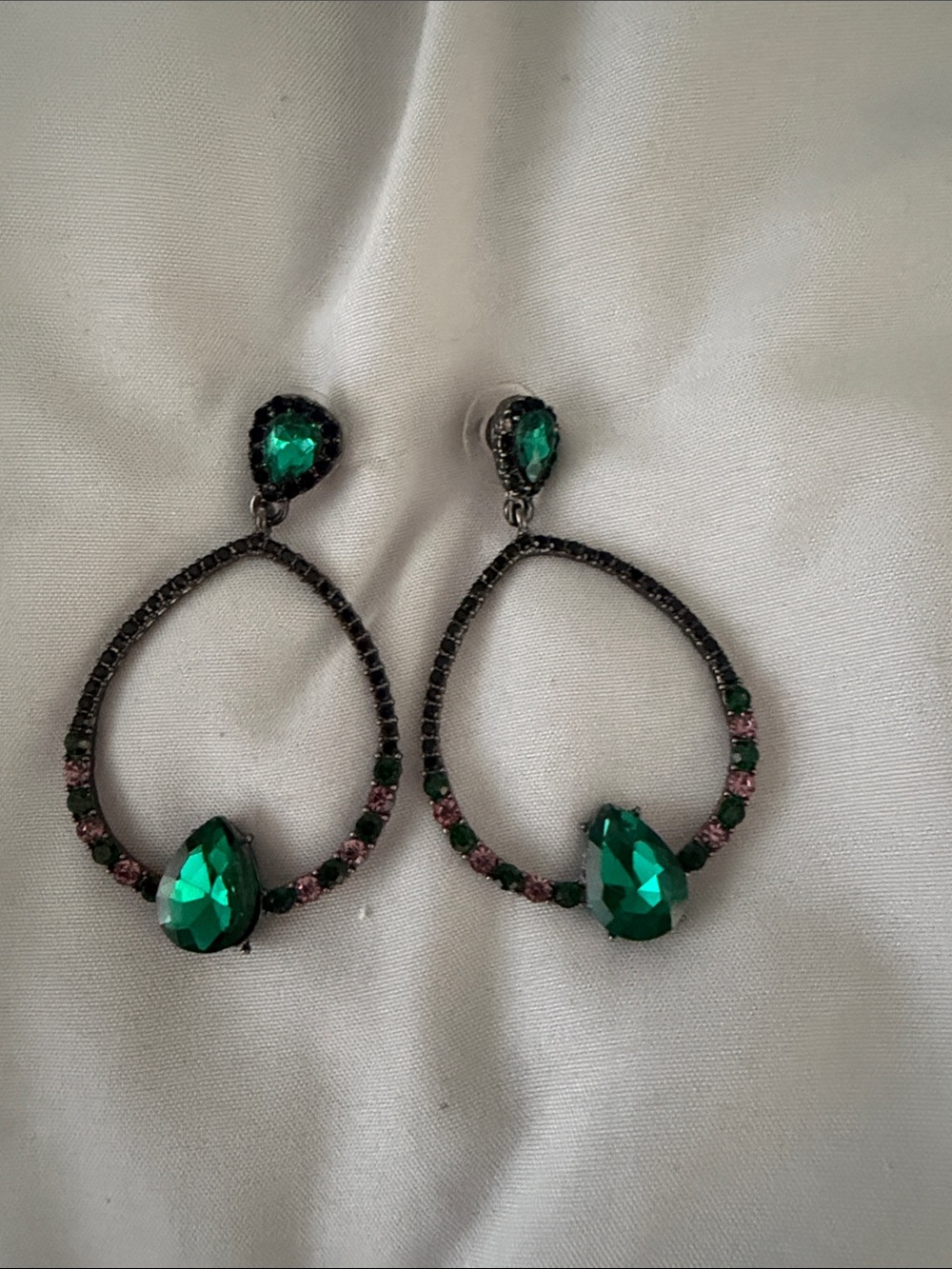 Emerald Teardrop Hoop Earrings - Green Crystal Drop Jewelry